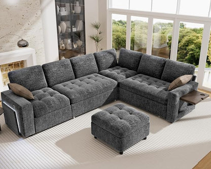 Vipbear 7 Seat L Shaped Modular Sectional Sleeper Sofa Bed with Ottoman/Pull Out Bed/Reclining Backrest/USB Ports/Table/LED Light/Storage Seat, Tool-Free Assembly, Dark Grey