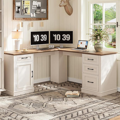Vabches Farmhouse 59" L-Shaped Executive Desk with Drawers, Wood Home Office Corner Desk with File Drawer, Storage Cabinet, Rustic Computer Writing Desk for Home Office (Unique White)
