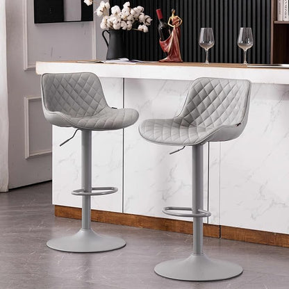 YOUTASTE All Grey Bar Stools Set of 2, Upholstered Counter Height Bar Stool, Adjustable Swivel Faux Leather Barstools, with Padded Back, Metal Base, Kitchen Chairs for Home Island