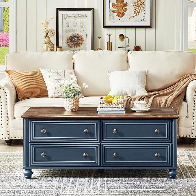 RWYHG 48" Farmhouse Coffee Table with Hidden Storage,Wooden Coffee Tables with 4 Drawers & Roman Column Handle,Rectangular Rustic Center Table with Solid Wood Curved Legs for Living Room,Office,Blue