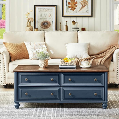 RWYHG 48" Farmhouse Coffee Table with Hidden Storage,Wooden Coffee Tables with 4 Drawers & Roman Column Handle,Rectangular Rustic Center Table with Solid Wood Curved Legs for Living Room,Office,Blue