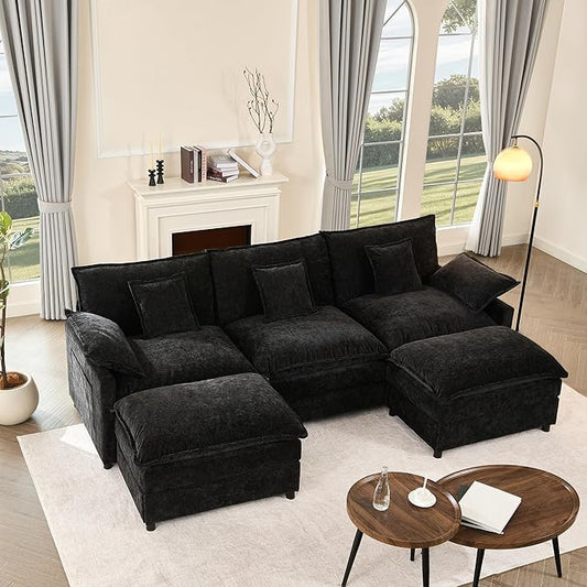 GOSUHI 108" U-Shaped Modular Cloud Couch, Deep Seat, Chenille Black | Cloud Comfort, Couches for Living Room, Removable & Machine-Washable Covers, Movable Ottoman, Modular Sectional Sofa