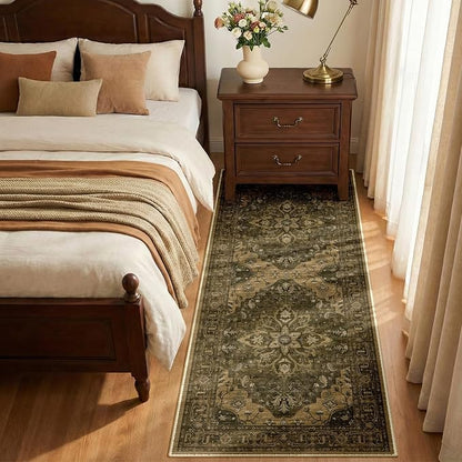 RELEANY Area Rugs Runner 2'x5' Washable Non-Slip, Floral Vintage Distress Medallion Carpet for Kitchen Hallway Bedroom Beside Laundry Room Bathroom, Brown Dark Brown