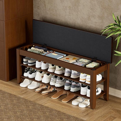 Homleke 2-Tier Solid Wood Shoe Rack Bench with Flip-Top Storage | Entryway Bench with Cushion, Adjustable Shelf, Holds Up to 10 Pairs, for Hallway, Bedroom and Closet, Walnut, 39.4 Inch