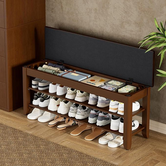 Homleke 2-Tier Solid Wood Shoe Rack Bench with Flip-Top Storage | Entryway Bench with Cushion, Adjustable Shelf, Holds Up to 10 Pairs, for Hallway, Bedroom and Closet, Walnut, 39.4 Inch