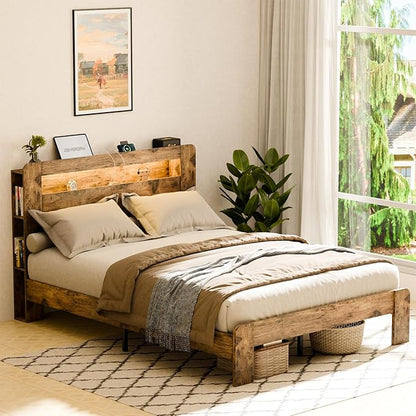 Zevemomo Wood Bed Frame King with Headboard, LED Light, Charging Station with 2 USB Ports & 2 AC Outlets, Sturdy Wood Framework, No Noise, Dark Brown (Rectangular Slot)