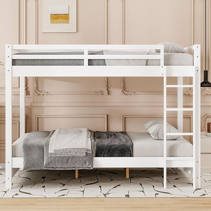 Merax Queen Size Bunk Bed - Solid Pine & MDF Frame, Heavy Duty 600lb Capacity, Space Saving Design with Safety Guard Rails & Ladder, No Box Spring Needed,White