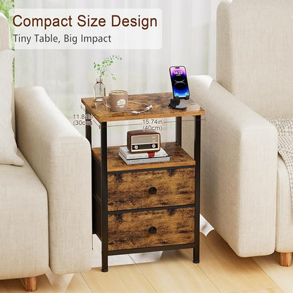 LOAKEKEL Nightstands Set of 2, Night Stand with 2 Fabric Drawers, Bed Side Table with Open Storage Shelf for Bedroom, Small End Tables Living Room, Rustic Brown, HETS002BR