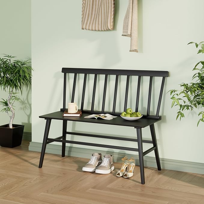 APRTAT Bamboo Entryway Bench, Dining Bench with Spindle Back (Black) | Natural Bamboo & H-Shaped Support, Spindle Back, Ideal for entryways, bedrooms, outdoor settings, Easy Assembly & Clean