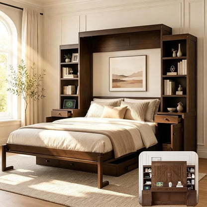 Queen Murphy Bed with Desk, Wall Bed Cabinet with Storage Shelves, Enclosed Cabinets and Hidden Foldout Workstation, Folding Cabinet Bed, Space Saving Bed for Guest Room, Home Office (Dark Brown)