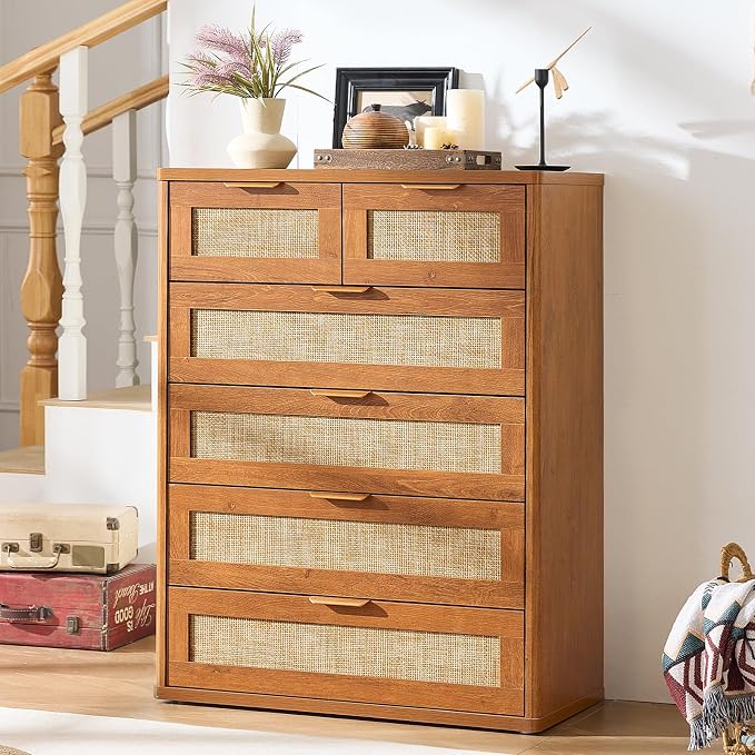LEYAOYAO Rattan Dresser for Bedroom Set of 2, 41" Tall Chest of Drawers, Modern 6 Drawers Boho Dressers with Storage, Vintage Brown Dresser Wooden Closet Organizer for Living Room, Hallway
