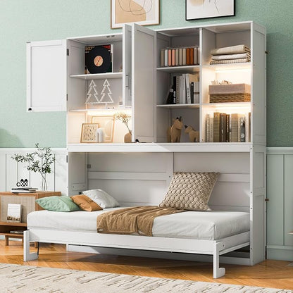 Ball & Cast Murphy Bed Twin Bed Frame with Top Cabinet,Hideaway Bedframe w/Shelves and Dual-Piston Metal Folding Mechanism,Space Saving Foldable Bed w/Light & USB,for Small Room,White