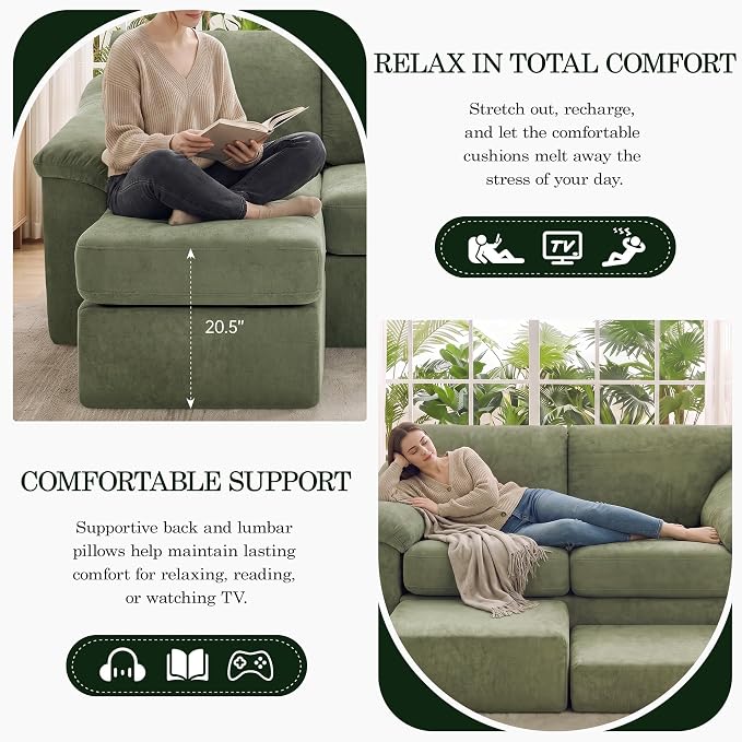 L Shaped Boneless Couch, Modern Loveseat Sofa with Ottoman, Floor Cloud Couch Sets with Extra Comfy Soft Deep Seats for Living Room, Apartment, No Assemby, Green