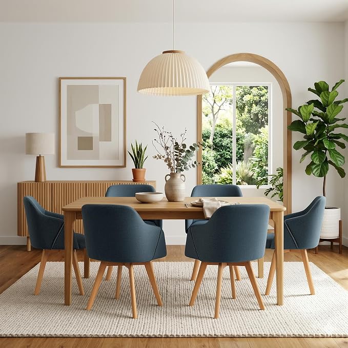 Swivel Dining Chairs Set of 6, Mid Century Modern Dining Chairs with Arms and Wood Legs, Linen Fabric Upholstered Kitchen Chairs for Dining Room Living Room, Comfortable Widen Seat, Blue