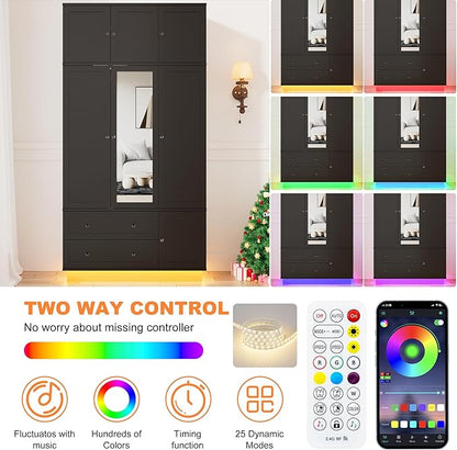 92.2" Tall Armoire Wardrobe Closet with Mirror & Motion Sensor Light, Large Storage Cabinet with 2 Drawers, Hanging Rod & Adjustable LED Strip, Anti-Tipping Wood Bedroom Furniture, 47.4"L, Black
