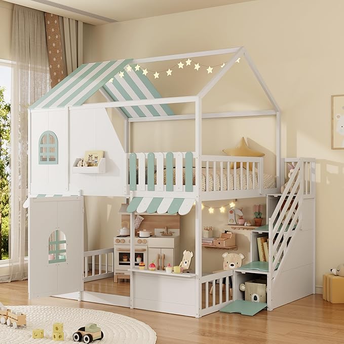 Merax Full Over Full Wood House Bunk Bed Frame with Storage Staircase & Shelves, Modern Low Bunk Bed with Solid Slats, Guardrail, No Box Spring Required, Easy Assembly,Playhouse Design,White+Green