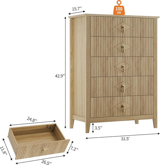 GarveeHome Fluted Dresser for Bedroom, 42.9" Tall 5-Drawer Wood Dresser, Modern Chest of Drawers, Storage Organizer Cabinet for Living Room, Hallway, Entryway, Natural Oak