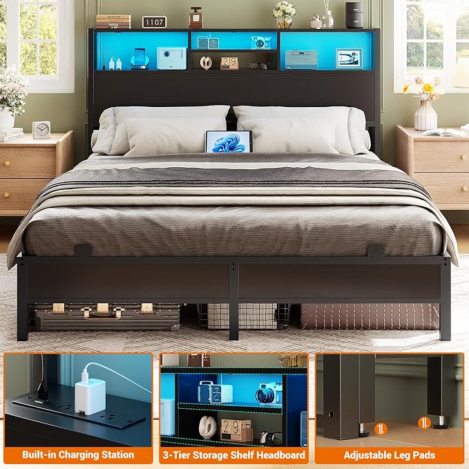 Aheaplus Headboard for Queen Size Bed with Storage, Headboards with Outlets, USB Ports and LED Light, Queen Size Head Board Only, Height Adjustable, Reversible, Sturdy and Stable Headboard, Black