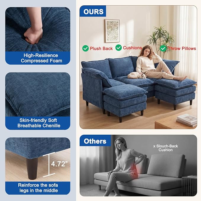 3 Seater U-Shape Couch Sofa with Ottomans, 69" Small Couch Modern Comfy Cloud Sofa with 23" Deep Washable Pillow ChenilleCover Couches for Living Room Bedroom Apartment Office 69-Blue-U