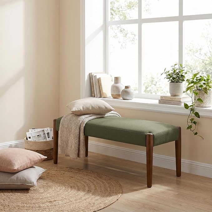 Usaint 42" End of Bed Bench, Modern Upholstered Bedroom Bench with Rubberwood Legs, Entryway Bench with Cushion, Dining Bench for Living Room, Bedroom, Dark Green with Walnut Leg