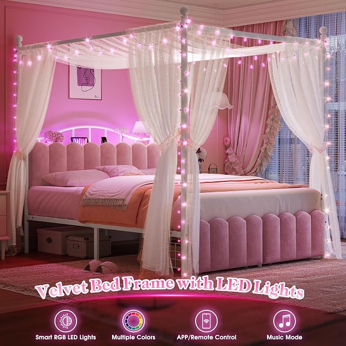 Homkdom Canopy Bed Frame Queen Size with Upholstered Storage Headboard and Charging Station & LED Lights, 2 Oversized Drawers,Heavy-Duty Support, No Box Spring,Quiet Sleep,Easy Assembly, Pink