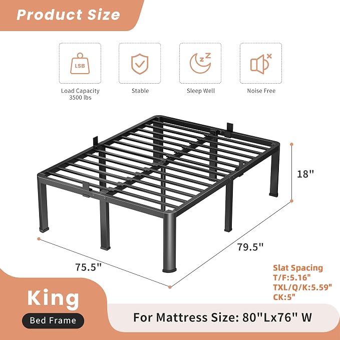 VIPSHOW 18 Inch King Heavy Duty 3500 lbs Bed Frame with Round-Corner Legs & Anti-Squeak Design – Quick Assembly Metal Platform, No Box Spring Needed