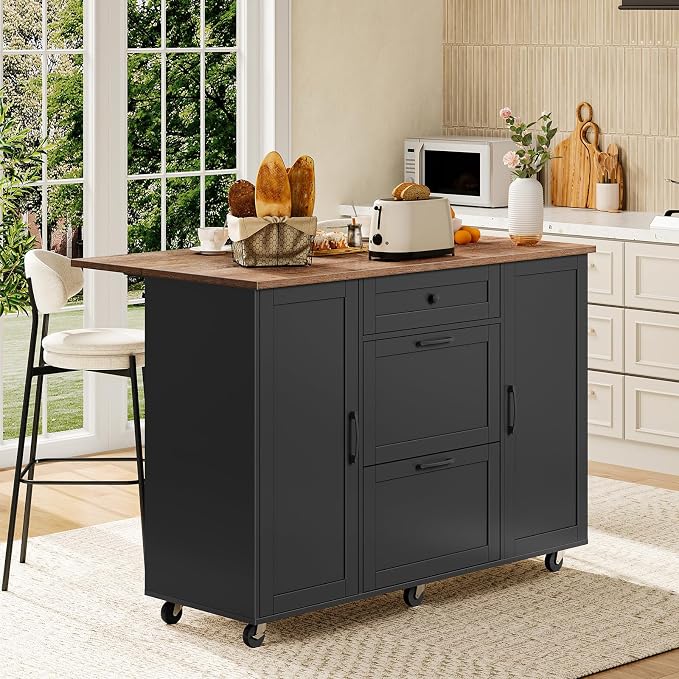 CHOEZON Kitchen Island with Trash Can Cabinet, Drop-Leaf Tabletop & 6 Wheels, 51.2-Inch Rolling Kitchen Cart with Fridge Shelf, Drawers & Adjustable Shelves, Farmhouse Style, Black and Walnut MZD07BL