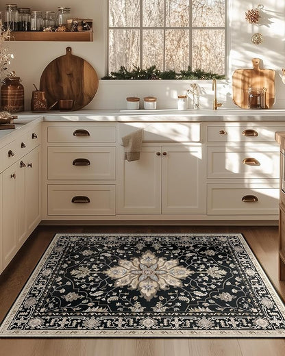 RELEANY Area Rugs 3'x4' Washable Non-Slip, Floral Vintage Distress Medallion Carpet for Living Room Bedroom Dining Room, Black Brown Neutral Dark Tan