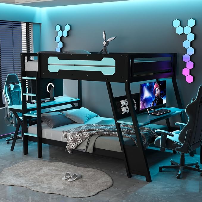 Merax Wooden Full Over Full Bunk Bed with 2 Side Desks, USB Desktop Ports and Pegboard Organizer, Gaming Bunk Bed for Gamer, Kids or Teens, No Box Spring Needed, Cloud Blue