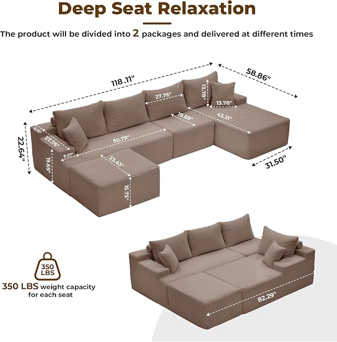 Mangodan 118'' Cloud Sectional Couch, U Shaped Boneless Couches for Living Room, Modular Sectional Sofa with Deep Seat Right Facing Chaise, Comfy Cloud Couch Sofa, Camel