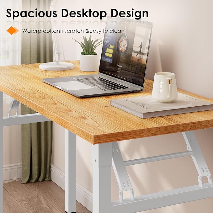 Need 35.8 Inch Folding Desk for Small Spaces, Home Office Computer Desk with Teak Wood Top & White Frame, Foldable Writing Table for Study, Bedroom, Dorm Room & Student