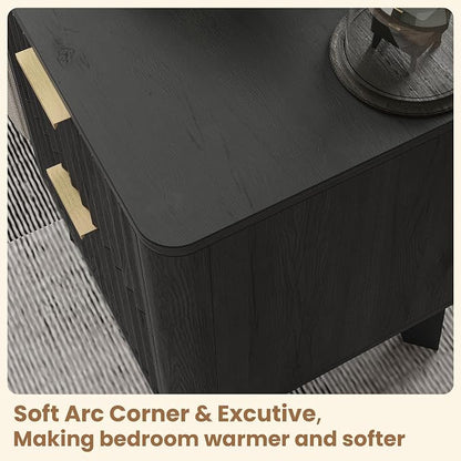 Fluted Nightstand Set of 2, Modern End Table with Metal Handle,2 Storage Drawers Side Table,Bedside Table for Bedroom,Wood Nightstands,Curved Profile Design Furnitue, Black