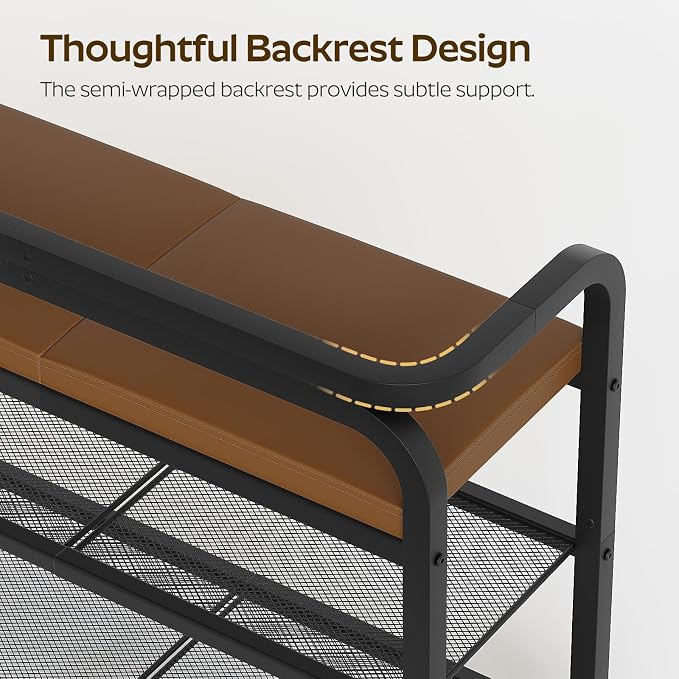 YATINEY Shoe Bench with Backrest, Entryway Bench, 2-Tier Shoe Rack with PU Padded Seat, Upholstered Shoe Storage Bench with Back, for Hallway, Entryway, Foyer, Bedroom, Brown and Black HX04BV