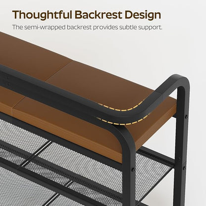 YATINEY Shoe Bench with Backrest, Entryway Bench, 2-Tier Shoe Rack with PU Padded Seat, Upholstered Shoe Storage Bench with Back, for Hallway, Entryway, Foyer, Bedroom, Brown and Black HX04BV