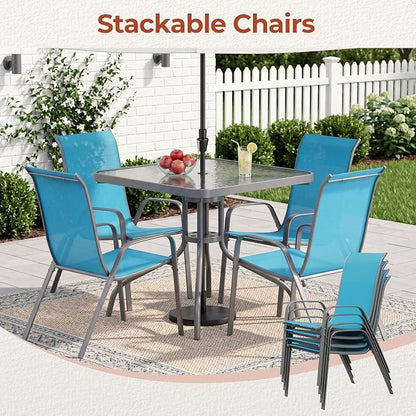 TLSUNNY Patio Dining Set 5 Pieces, All Weather Outdoor Furniture W/30"X 30" Table and 4 Stackable Textilene Chairs, Metal Table and Chairs for Lawn, Garden, Poolside, Backyard (Umbrella not Included)