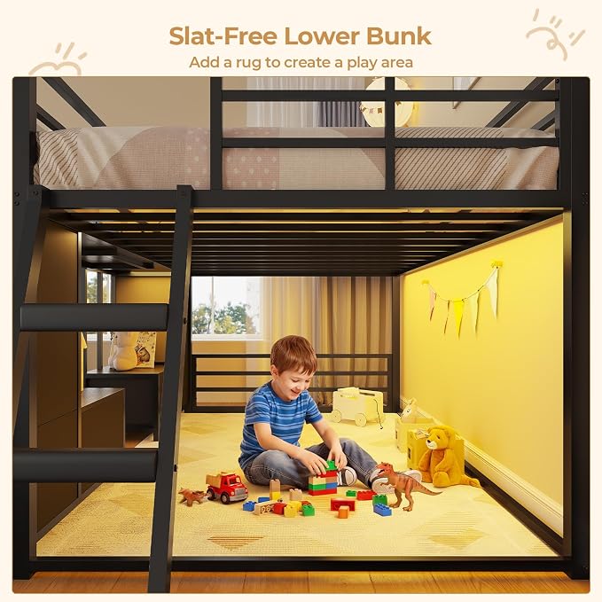 BTHFST Low Bunk Bed Twin Over Twin with 8 Fabric Drawers & Bookshelf, Twin Bunk Beds with RGB LED Lights, Windows, Metal Bunk Beds for Kids with Slanted Ladder & Safety Guardrails, Space Saving, Black