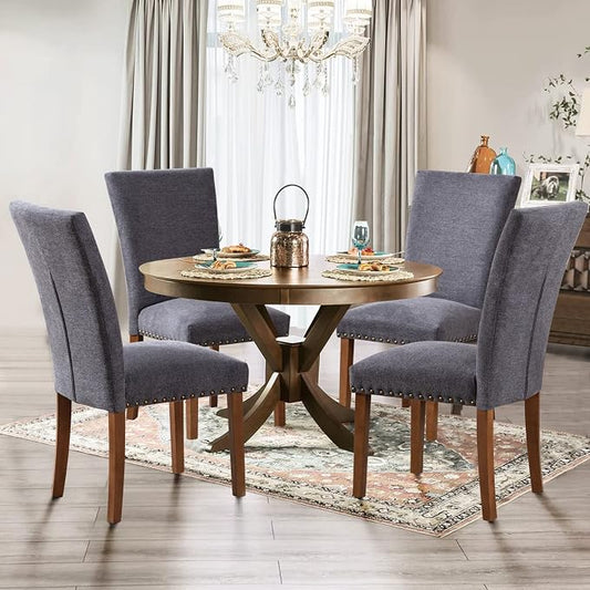 Parsons Dining Chairs Set of 6, Upholstered Nailhead Dining Room Kitchen Side Chair with Thick Cushions and Wood Legs, Dark Grey