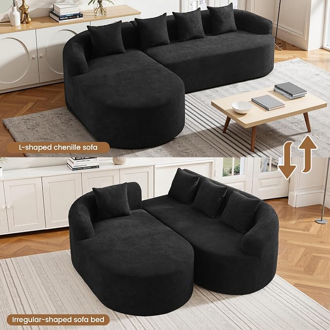 105" Boneless L Shaped Sectional Couch, Curved Cloud Deep Seat Sofa with Chaise Lounge, Oversized 4 Seater Couches for Living Room, No Assembly, Chenille Black