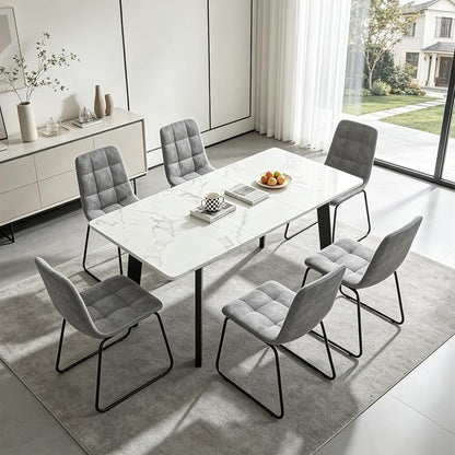 47.2"-63" Extendable Dining Room Table Set for 4-8 People, White | Removable Extension Leaf, Robust MDF Rectangle Tabletop, 6 Grey U-shaped PU Leather Chairs, Heavy Duty Modern Kitchen Table