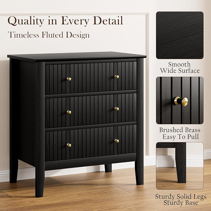 Night Stand, Fluted 3 Drawer Wide Farmhouse Nightstand with Gold Handle, Modern Wooden Bedside End Table for Bedroom, Living Room, Black