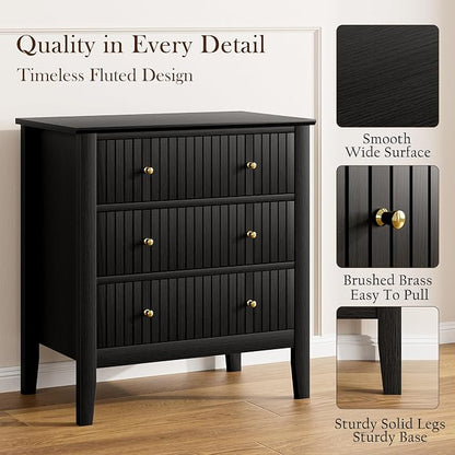 Night Stand, Fluted 3 Drawer Wide Farmhouse Nightstand with Gold Handle, Modern Wooden Bedside End Table for Bedroom, Living Room, Black