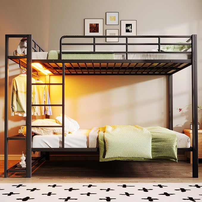 Bellemave Full Over Full Bunk Bed,Metal Bunk Bed with Shelf and Guardrails,Full Bunk beds with Storage Mesh Shelves and Clothes Hooks for Kids, Teens & Adults（Black）