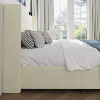 SHA CERLIN King Size Lift Up Storage Bed/Chenille Fabric Upholstered/Modern Wingback Headboard/Platform Bed Frame/Hydraulic Storage/No Box Spring Needed/Wood Slats Support/Cream