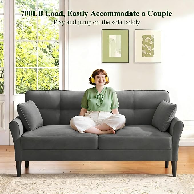 Loveseat Sofa, 69" Love Seat Couches, Comfy Velvet Small Couches for Small Spaces with 2 Pillows, Tool-Free Setup Sofas & Couches, 700lb Load Sofas for Living Room, Mini Couch for Bedroom, Grey Couch