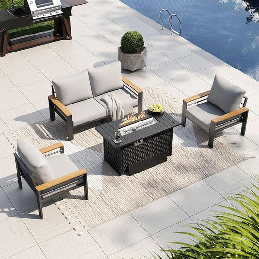 Aoxun Patio Furniture Set, Aluminum Patio Set with Fire Pit Table and 5" Thicken & Washable Cushion, Waterproof Outdoor Furniture, Outdoor Couch Sectional for Backyard (4 Seats/F, Grey)