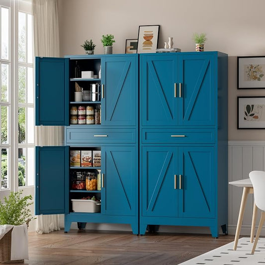 Metal Storage Cabinet with Drawer, 71" Tall Storage Cabinets with Adjustable Shelves,Blue Farmhouse Freestanding Kitchen Pantry Cabinet for Dining Room, Living Room