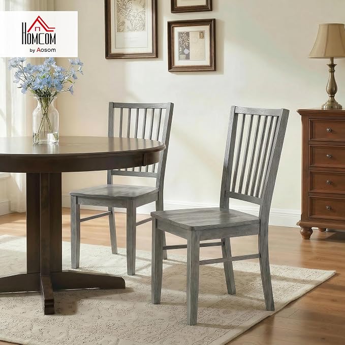 HOMCOM Farmhouse Dining Chairs Set of 2, Ergonomic Solid Wood Armless Kitchen Chairs with Rubberwood Legs for Dining Room, Kitchen, Rustic Gray
