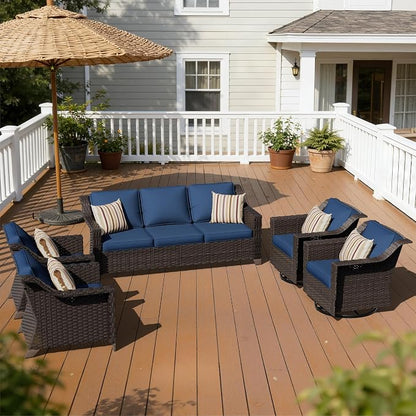 5 Pieces Patio Conversation Furniture Set - 1 Sofa, 2 Armchairs, 2 Swivel Chairs, Outdoor Wicker Furniture with Removable Cushions for Porch, Balcony, Sunroom (Blue)