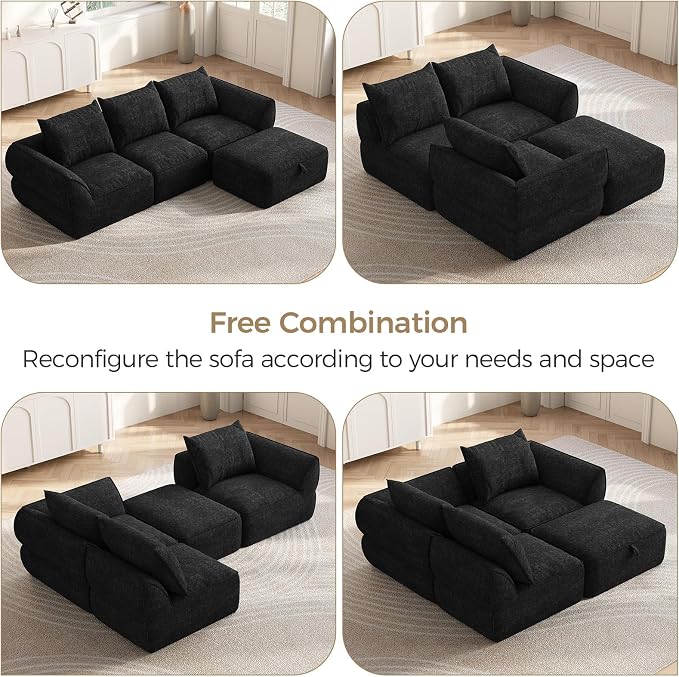 104" Modular Sectional Sofa with Deep Seat, L Shaped Cloud Couch for Living Room, 3-Seater Boneless Sofa with Movable Ottomans, Removable Cover, No Assembly Required, Graphite Black