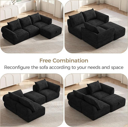 104" Modular Sectional Sofa with Deep Seat, L Shaped Cloud Couch for Living Room, 3-Seater Boneless Sofa with Movable Ottomans, Removable Cover, No Assembly Required, Graphite Black